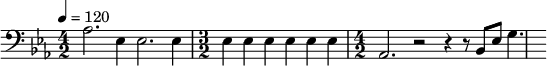 {\clef bass \tempo 4 = 120 \key ees \major
\time 4/2 aes2. ees4 ees2. ees4\time 3/2 ees4 ees ees ees ees ees \time 4/2 aes,2. r2 r4 r8 bes,8 ees8 g4.
}\midi{}