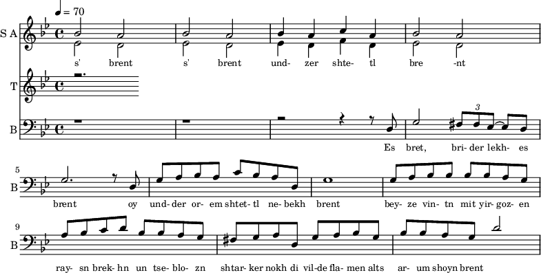 
<<
  \new Staff     
    \with {instrumentName = "S A"
           shortInstrumentName = "S A"}
    <<
    \set Staff.midiMinimumVolume = #0.3
    \set Staff.midiMaximumVolume = #0.7
    \set Score.currentBarNumber = #1 \bar "" \tempo 4=70 \time 4/4 \key bes \major

    \new Voice = "one" \relative c '' {  
      \voiceOne
        bes2 a bes a bes4 a c a bes2 a
    }
    \new Voice = "two" \relative c '{  
      \voiceTwo
        ees2 d ees d ees4 d f d ees2 d  
    }
    >>
    \new Lyrics \lyricsto "one" {\set fontSize = #-2
      s' brent s' brent und- zer shte- tl bre -nt
    }
  \new Staff  
    \with {instrumentName = "T"
           shortInstrumentName = "T"}
    <<
    \set Staff.midiMinimumVolume = #0.3
    \set Staff.midiMaximumVolume = #0.5      
    \set Score.currentBarNumber = #1 \bar "" \tempo 4=70 \time 4/4 \key bes \major
    \new Voice = "three" \fixed c '' {
      \voiceOne
      r2. 
    }
    >>
    \new Lyrics \lyricsto "three" {\set fontSize = #-2
    
    }

  \new Staff \with {midiInstrument = #"acoustic bass"
       instrumentName = "B"
       shortInstrumentName = "B"} <<
    \set Staff.midiMinimumVolume = #4.7
    \set Staff.midiMaximumVolume = #5.9
    \set Score.currentBarNumber = #1 \bar "" \tempo 4=70 \time 4/4 \key bes \major
    \clef bass 
    \new Voice = "four"{
      \voiceOne 
      r1 r r2 r4 r8 d g2 \tuplet 3/2 {fis8 fis ees~} ees d g2. r8 d g a bes a c' bes a d g1 g8 a bes bes bes bes a g a bes c' d' bes bes a g fis g a d g a bes g bes bes a g d'2
    }
    >>
    \new Lyrics \lyricsto "four" {\set fontSize = #-2
    Es bret, bri- der lekh- es brent oy und- der or- em shtet- tl ne- bekh brent bey- ze vin- tn mit yir- goz- en ray- sn brek- hn un tse- blo- zn shtar- ker nokh di vil-de fla- men alts ar- um shoyn brent
    }
>>
\midi{}