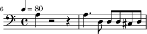 {\clef bass \tempo 4=80\key c \major
\set Score.currentBarNumber = #6 \bar ""
a4 r2 r4 a4. d8 d d cis d
}\addlyrics {\set fontSize = #-2
}
\midi{}