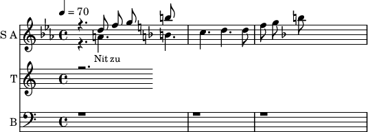 <<
\new Staff
\with {instrumentName = "S A"
shortInstrumentName = "S A"}
<<
\set Staff.midiMinimumVolume = #0.3
\set Staff.midiMaximumVolume = #0.7
\set Score.currentBarNumber = #1 \bar "" \tempo 4=70 \time 4/4
\new Voice = "one" \relative c '' {
\voiceOne
\key ees \major
r4. d8 f8 g8
\key f \major b
}
\new Voice = "two" \relative c ''{
\voiceTwo
\key c \major
r4. a b c d d8 f8 g8
\key f \major b
}
>>
\new Lyrics \lyricsto "one" {\set fontSize = #-2
Nit zu
}
\new Staff
\with {instrumentName = "T"
shortInstrumentName = "T"}
<<
\set Staff.midiMinimumVolume = #0.3
\set Staff.midiMaximumVolume = #0.5
\key c \major \time 3/4
\new Voice = "three" \fixed c '' {
\voiceOne
r2.
}
>>
\new Lyrics \lyricsto "three" {\set fontSize = #-2
}
\new Staff \with {midiInstrument = #"acoustic bass"
instrumentName = "B"
shortInstrumentName = "B"} <<
\set Staff.midiMinimumVolume = #4.7
\set Staff.midiMaximumVolume = #5.9
\clef bass \key c \major \time 4/4
\new Voice = "four"{
\voiceOne
r1 r r
}
>>
\new Lyrics \lyricsto "four" {\set fontSize = #-2
oo
}
>>
\midi{}