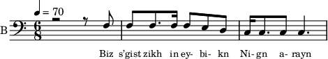 <<
%{
\new Staff
\with {instrumentName = "S A"
shortInstrumentName = "S A"}
<<
\set Staff.midiMinimumVolume = #0.3
\set Staff.midiMaximumVolume = #0.7
\set Score.currentBarNumber = #1 \bar "" \tempo 4=70 \time 4/4 \key bes \major
\new Voice = "s1" \relative c '' {
\voiceOne
bes2 a bes a bes4 a c a bes2 a
}
\new Voice = "s2" \relative c '{
\voiceTwo
ees2 d ees d ees4 d f d ees2 d
}
>>
\new Lyrics \lyricsto "s1" {\set fontSize = #-2
s' brent s' brent und- zer shte- tl bre -nt de
}
%}
%{
\new Staff
\with {instrumentName = "A"
shortInstrumentName = "A"}
<<
\set Staff.midiMinimumVolume = #0.3
\set Staff.midiMaximumVolume = #0.5
\set Score.currentBarNumber = #1 \bar "" \tempo 4=70 \time 4/4 \key bes \major
\new Voice = "a1" \fixed c ' {
\voiceOne
g1 g g g
}
\new Voice = "a2" \fixed c ' {
\voiceTwo
d1 d d d
}
>>
\new Lyrics \lyricsto "a1" {\set fontSize = #-2
}
\repeat volta 2
%}
%{
\new Staff
\with {instrumentName = "T"
shortInstrumentName = "T"}
<<
\set Staff.midiMinimumVolume = #0.3
\set Staff.midiMaximumVolume = #0.5
\set Score.currentBarNumber = #1 \bar "" \tempo 4=70 \time 4/4 \key bes \major
\new Voice = "t1" \fixed c ' {
\voiceOne
g1 g g g
}
\new Voice = "t2" \fixed c ' {
\voiceTwo
d1 d d d
}
>>
\new Lyrics \lyricsto "t1" {\set fontSize = #-2
}
\repeat volta 2
%}
\new Staff \with {midiInstrument = #"acoustic bass"
instrumentName = "B"
shortInstrumentName = "B"} <<
\set Staff.midiMinimumVolume = #14.7
\set Staff.midiMaximumVolume = #15.9
\set Score.currentBarNumber = #1 \bar "" \tempo 4=70 \time 6/8 \key c \major
\clef bass
\new Voice = "b1" \relative c {
\voiceOne
r2 r8 f8 f8 f8. f16 f8 e d c16 c8. c8 c4.
}
{
\new Voice = "b2" \relative c {
\voiceOne
\stemDown
}
}
>>
\new Lyrics \lyricsto "b1" {\set fontSize = #-2
Biz s’gist zikh in ey- bi- kn
Ni- gn a- rayn
}
\new Lyrics \lyricsto "b1" {\set fontSize = #-2
}
>>
\midi{}