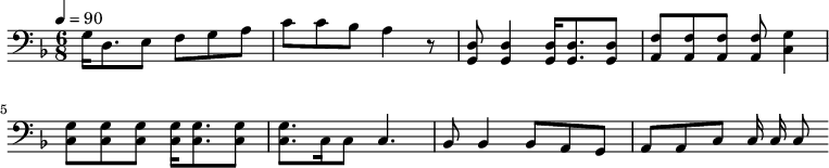 {\clef bass \tempo 4=90\key f \major \time 6/8
g16 d8. e8 f g a c' c' bes a4 r8 <d g,> <d g,>4 <d g,>16 <d g,>8. <d g,>8 <f a,>8 <f a,>8 <f a,>8 <f a,>8 <g c>4 \break
<g c>8 <g c> <g c> <g c>16 <g c>8. <g c>8 <g c>8. c16 c8 c4. bes,8 bes,4 bes,8 a, g, a, a,c c16 c c8
}\midi{}