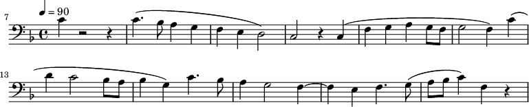 {\clef bass \tempo 4=90 \key f \major
\set Score.currentBarNumber = #7 \bar ""
c'4 r2 r4 c'4.( bes8 a4 g f e d2) c r4 c( f g a g8 f g2 f4)
c'( d' c'2 bes8 a bes4 g) c'4. bes8 a4 g2 f4~ f e f4.) g8( a bes c'4) f r
}\midi{}