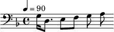 {\clef bass \tempo 4=90\key f \major
g16 d8. e8 f g a
}\midi{}