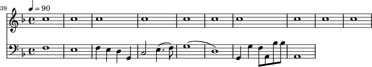 
{
  <<
    \relative c '' {
      \new Staff {
        \set Staff.midiMinimumVolume = #0.1
        \set Staff.midiMaximumVolume = #0.3
        \set Score.currentBarNumber = #39 \bar "" \tempo 4=90  \key f \major
        c1 c c c c c c c c c 
      }
    }
    \new Staff  \with {midiInstrument = #"acoustic bass"} 
    {
      \set Staff.midiMinimumVolume = #0.7
      \set Staff.midiMaximumVolume = #0.9
      \clef bass \key f \major 
      f1 e1 f4 e d g, c2 e4.( f8) g1( d1) g,4 g f8 a, bes bes a,1
    }
  >>
}
\midi{}