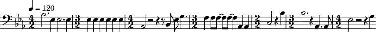 {\clef bass \tempo 4 = 120 \key ees \major \numericTimeSignature
\time 4/2 aes2. ees4 ees2. ees4 \time 3/2 ees4 ees ees ees ees ees \time 4/2 aes,2 r2 r4 r8 bes,8 ees8 g4.
\time 3/2 f4 f8 f~ f f~ f4 aes, aes, \time 2/2 c2 r4 bes \time 3/2 bes2. r4 aes,4. aes,8 \time 4/2 ees2 r2 r4 g
}\midi{}