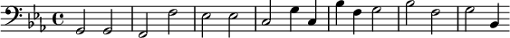 {\clef bass \key ees \major g,2 g, f, f ees ees c g4 c bes f g2 bes f g2 bes,4}