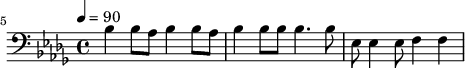 {
\clef bass \tempo 4=90 \key des \major
\set Score.currentBarNumber = #5 \bar ""
bes bes8 aes bes4 bes8 aes bes4 bes8 bes8 bes4. bes8 ees ees4 ees8 f4 f }\midi{}