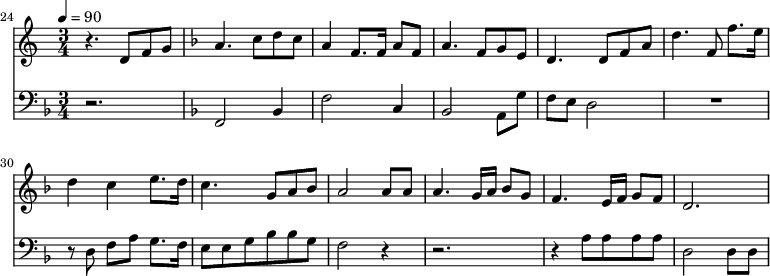 {
<<
\relative c ' {
\new Staff {
\set Staff.midiMinimumVolume = #0.3
\set Staff.midiMaximumVolume = #0.7
\set Score.currentBarNumber = #24 \bar "" \tempo 4=90 \key c \major \time 3/4
r4. d8 f8 g8 \key f \major a4. c8 d c a4 f8. f16 a8 f8 a4. f8 g e d4. d8 f a d4. f,8 f'8. e16 d4 c4 e8. d16 c4. g8 a bes a2 a8 a a4. g16 a bes8g f4. e16 f g8 f d2.
}
}
\new Staff \with {midiInstrument = #"acoustic bass"}
{
\set Staff.midiMinimumVolume = #4.7
\set Staff.midiMaximumVolume = #5.9
\set Score.currentBarNumber = #24 \bar ""
\clef bass \key f \major \time 3/4
r2. \key f \major f,2 bes,4 f2 c4 bes,2 a,8 g f e d2 R2. r8 d8 f a g8. f16 e8 e g bes bes g f2 r4 r2. r4 a8 a a a d2 d8 d
}
>>
}
\midi{}