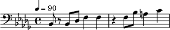{\clef bass \tempo 4=90 \key bes \minor
\set Score.currentBarNumber = #1 \bar ""
bes,8 r bes, des f4 f r f8 bes a4 c'
}\addlyrics {\set fontSize = #-2
}
\midi{}