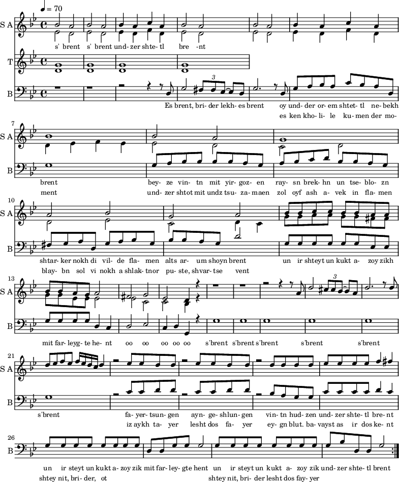 <<
\new Staff
\with {instrumentName = "S A"
shortInstrumentName = "S A"}
<<
\set Staff.midiMinimumVolume = #0.3
\set Staff.midiMaximumVolume = #0.7
\set Score.currentBarNumber = #1 \bar "" \tempo 4=70 \time 4/4 \key bes \major
\new Voice = "one" \fixed a ' {
\voiceOne
bes2 a bes a bes4 a c' a bes2 a bes a bes4 a c' a bes1 bes2 a g1 a2 bes g a
bes8 bes c' c' bes bes a a bes bes a g a2 fis g ees d4 r4 r1 r r2 r4 r8 a8 d'2 \tuplet 3/2 {cis'8 cis' bes~} bes a
\fixed a ''{d2. r8 d8 d ees f ees f16 ees d c d4 r2 ees8 ees d d r2 ees8 ees d d r2 d8 d d d ees ees ees ees f4 fis}
}
\new Voice = "two" \fixed c '{
\voiceTwo
ees2 d ees d ees4 d f d ees2 d ees d ees4 d f d d ees f ees ees2 d c d d ees c d4 c
g8 g a a g g fis fis g g ees ees ees2 ees c c bes,4 r4
}
>>
\new Lyrics \lyricsto "one" {\set fontSize = #-2
s' brent s' brent und- zer shte- tl bre -nt
}
\new Staff
\with {instrumentName = "T"
shortInstrumentName = "T"}
<<
\set Staff.midiMinimumVolume = #0.3
\set Staff.midiMaximumVolume = #0.5
\set Score.currentBarNumber = #1 \bar "" \tempo 4=70 \time 4/4 \key bes \major
\new Voice = "three" \fixed c ' {
\voiceOne
g1 g g g
}
\new Voice = "four" \fixed c ' {
\voiceTwo
d1 d d d
}
>>
\new Lyrics \lyricsto "three" {\set fontSize = #-2
}
\repeat volta 2
\new Staff \with {midiInstrument = #"acoustic bass"
instrumentName = "B"
shortInstrumentName = "B"} <<
\set Staff.midiMinimumVolume = #14.7
\set Staff.midiMaximumVolume = #15.9
\set Score.currentBarNumber = #1 \bar "" \tempo 4=70 \time 4/4 \key bes \major
\clef bass
\new Voice = "five"{
\voiceOne
r1 r r2 r4 r8 d g2 \tuplet 3/2 {fis8 fis ees~} ees d g2. r8 d g a bes a c' bes a d g1 g8 a bes bes bes bes a g a bes c' d' bes bes a g fis g a d g a bes g bes bes a g d'2 g8 g g g g g ees ees g g g g d4 c d2 ees c4 d g, r4 g1 g g g g g r2 c'8 c' d' d' r2 c'8 c' d' d' r2 bes8 a g g c' c' c' c' d'4 c' g8 g g g g g g g d d g g g2 g8 g g g g g g g g bes d d g2
}
>>
\new Lyrics \lyricsto "five" {\set fontSize = #-2
Es brent, bri- der lekh- es brent oy und- der or- em shtet- tl ne- bekh brent bey- ze vin- tn mit yir- goz- en ray- sn brek- hn un tse- blo- zn shtar- ker nokh di vil- de fla- men alts ar- um shoyn brent un ir shteyt un kukt a- zoy zikh mit far- leyg- te he- nt oo oo oo oo oo s'brent s'brent s'brent s'brent s'brent s'brent fa- yer- tsun- gen ayn- ge- shlun- gen vin- tn hud- zen und- zer shte- tl bre- nt un ir steyt un kukt a- zoy zik mit far- ley- gte hent un ir steyt un kukt a- zoy zik und- zer shte- tl brent
}
\new Lyrics \lyricsto "five" {\set fontSize = #-2
_ _ _ _ _ _ _ es ken kho- li- le ku- men der mo- ment und- zer shtot mit undz tsu- za- maen zol oyf ash a- vek in fla- men blay- bn sol vi nokh a shlak- tnor pu- ste, shvar- tse vent _ _ _ _ _ _ _ _ _ _ _ _ _ _ _ _ _ _ _ _ _ _ _ _ _ iz aykh ta- yer lesht dos fa- yer ey- gn blut. ba- vayst as ir dos ke- nt shtey nit, bri- der, ot _ _ _ _ _ _ _ _ shtey nit, bri- der lesht dos fay- yer
}
>>
\midi{}
