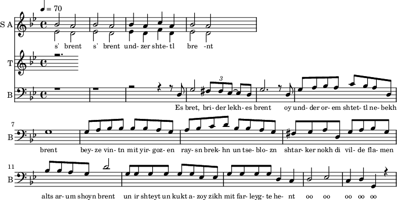 
<<
  \new Staff     
    \with {instrumentName = "S A"
           shortInstrumentName = "S A"}
    <<
    \set Staff.midiMinimumVolume = #0.3
    \set Staff.midiMaximumVolume = #0.7
    \set Score.currentBarNumber = #1 \bar "" \tempo 4=70 \time 4/4 \key bes \major

    \new Voice = "one" \relative c '' {  
      \voiceOne
        bes2 a bes a bes4 a c a bes2 a
    }
    \new Voice = "two" \relative c '{  
      \voiceTwo
        ees2 d ees d ees4 d f d ees2 d  
    }
    >>
    \new Lyrics \lyricsto "one" {\set fontSize = #-2
      s' brent s' brent und- zer shte- tl bre -nt
    }
  \new Staff  
    \with {instrumentName = "T"
           shortInstrumentName = "T"}
    <<
    \set Staff.midiMinimumVolume = #0.3
    \set Staff.midiMaximumVolume = #0.5      
    \set Score.currentBarNumber = #1 \bar "" \tempo 4=70 \time 4/4 \key bes \major
    \new Voice = "three" \fixed c '' {
      \voiceOne
      r2. 
    }
    >>
    \new Lyrics \lyricsto "three" {\set fontSize = #-2
    
    }

  \new Staff \with {midiInstrument = #"acoustic bass"
       instrumentName = "B"
       shortInstrumentName = "B"} <<
    \set Staff.midiMinimumVolume = #4.7
    \set Staff.midiMaximumVolume = #5.9
    \set Score.currentBarNumber = #1 \bar "" \tempo 4=70 \time 4/4 \key bes \major
    \clef bass 
    \new Voice = "four"{
      \voiceOne 
      r1 r r2 r4 r8 d g2 \tuplet 3/2 {fis8 fis ees~} ees d g2. r8 d g a bes a c' bes a d g1 g8 a bes bes bes bes a g a bes c' d' bes bes a g fis g a d g a bes g bes bes a g d'2 g8 g g g g g ees ees g g g g d4 c d2 ees c4 d g, r4
    }
    >>
    \new Lyrics \lyricsto "four" {\set fontSize = #-2
    Es bret, bri- der lekh- es brent oy und- der or- em shtet- tl ne- bekh brent bey- ze vin- tn mit yir- goz- en ray- sn brek- hn un tse- blo- zn shtar- ker nokh di vil- de fla- men alts ar- um shoyn brent un ir shteyt un kukt a- zoy zikh mit far- leyg- te he- nt oo oo oo oo oo
    }
>>
\midi{}