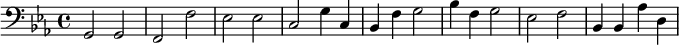{\clef bass \key ees \major g,2 g, f, f ees ees c g4 c bes, f g2 bes4 f g2 ees f bes,4 bes, aes d}