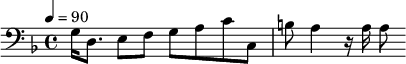 {\clef bass \tempo 4=90\key f \major
g16 d8. e8 f g a c' c b a4 r16 a a8
}\midi{}