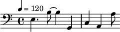{\clef bass \tempo 4=120 e4. b8 ~ b4 g, c a,4 ~ a8 }\midi{}