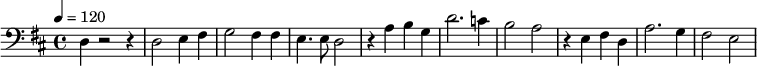 {\clef bass \key d \major \tempo 4=120
d4 r2 r4 d2 e4 fis g2 fis4 fis e4. e8 d2
r4 a b g d'2. c'4 b2 a r4 e fis d a2. g4 fis2 e
}\midi{}