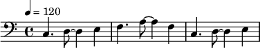 {\clef bass \tempo 4=120 c4. d8 ~ d4 e f4. a8 ~ a4 f c4. d8 ~ d4 e}\midi{}