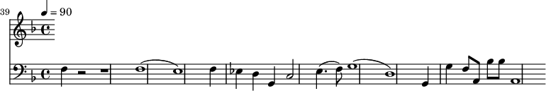
{
  <<
    \relative c '' {
      \new Staff {
        \set Staff.midiMinimumVolume = #0.1
        \set Staff.midiMaximumVolume = #0.3
        \set Score.currentBarNumber = #39 \bar "" \tempo 4=90  \key f \major
        
      }
    }
    \new Staff  \with {midiInstrument = #"acoustic bass"} 
    {
      \set Staff.midiMinimumVolume = #0.7
      \set Staff.midiMaximumVolume = #0.9
      \clef bass \key f \major 
      f4 r2 r1 f1( e1) f4 ees d g, c2 e4.( f8) g1( d1) g,4 g f8 a, bes bes a,1
    }
  >>
}
\midi{}