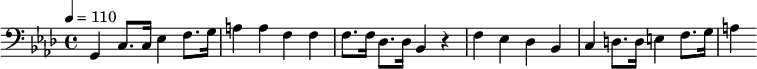 {\clef bass \tempo 4 = 110 \key aes \major g, c8. c16 ees4 f8. g16 a4 a f f f8. f16 des8. des16 bes,4 r4 f ees des bes, c d8. d16 e4 f8. g16 a4}\midi{}