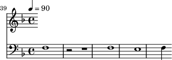 {
<<
\relative c '' {
\new Staff {
\set Staff.midiMinimumVolume = #0.1
\set Staff.midiMaximumVolume = #0.3
\set Score.currentBarNumber = #39 \bar "" \tempo 4=90 \key f \major
}
}
\new Staff \with {midiInstrument = #"acoustic bass"}
{
\set Staff.midiMinimumVolume = #0.7
\set Staff.midiMaximumVolume = #0.9
\clef bass \key f \major
f1 r2 r1 f1~ e1 f4
}
>>
}
\midi{}