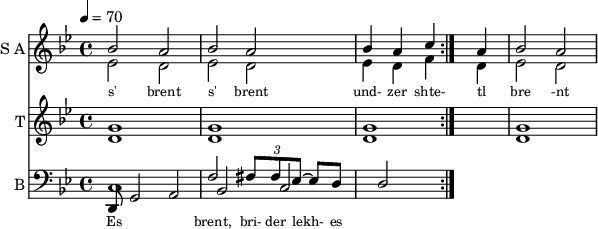 <<
\new Staff
\with {instrumentName = "S A"
shortInstrumentName = "S A"}
<<
\set Staff.midiMinimumVolume = #0.3
\set Staff.midiMaximumVolume = #0.7
\set Score.currentBarNumber = #1 \bar "" \tempo 4=70 \time 4/4 \key bes \major
\new Voice = "s1" \relative c '' {
\voiceOne
bes2 a bes a bes4 a c a bes2 a
}
\new Voice = "s2" \relative c '{
\voiceTwo
ees2 d ees d ees4 d f d ees2 d
}
>>
\new Lyrics \lyricsto "s1" {\set fontSize = #-2
s' brent s' brent und- zer shte- tl bre -nt de
}
%{
\new Staff
\with {instrumentName = "A"
shortInstrumentName = "A"}
<<
\set Staff.midiMinimumVolume = #0.3
\set Staff.midiMaximumVolume = #0.5
\set Score.currentBarNumber = #1 \bar "" \tempo 4=70 \time 4/4 \key bes \major
\new Voice = "a1" \fixed c ' {
\voiceOne
g1 g g g
}
\new Voice = "a2" \fixed c ' {
\voiceTwo
d1 d d d
}
>>
\new Lyrics \lyricsto "a1" {\set fontSize = #-2
}
\repeat volta 2
%}
\new Staff
\with {instrumentName = "T"
shortInstrumentName = "T"}
<<
\set Staff.midiMinimumVolume = #0.3
\set Staff.midiMaximumVolume = #0.5
\set Score.currentBarNumber = #1 \bar "" \tempo 4=70 \time 4/4 \key bes \major
\new Voice = "t1" \fixed c ' {
\voiceOne
g1 g g g
}
\new Voice = "t2" \fixed c ' {
\voiceTwo
d1 d d d
}
>>
\new Lyrics \lyricsto "t1" {\set fontSize = #-2
}
\repeat volta 2
\new Staff \with {midiInstrument = #"acoustic bass"
instrumentName = "B"
shortInstrumentName = "B"} <<
\set Staff.midiMinimumVolume = #14.7
\set Staff.midiMaximumVolume = #15.9
\set Score.currentBarNumber = #1 \bar "" \tempo 4=70 \time 4/4 \key bes \major
\clef bass
\new Voice = "b1" \relative {
\voiceOne
c f2 \tuplet 3/2 {fis8 fis ees~} ees d
}
{
\new Voice = "b2" \relative c, {
\voiceOne
d g2 a bes c d
}
}
>>
\new Lyrics \lyricsto "b1" {\set fontSize = #-2
Es brent, bri- der lekh- es brent oy und- der or- em shtet- tl ne- bekh brent
}
\new Lyrics \lyricsto "b1" {\set fontSize = #-2
_ _ _ _ _ _ _ es ken kho- li- le ku- men der mo- ment und- zer shtot mit undz tsu- za- maen zol
}
>>
\midi{}