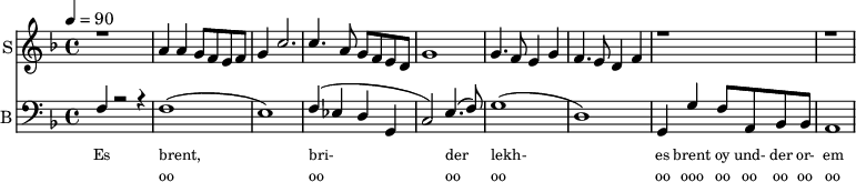 <<
\new Staff
\with {instrumentName = "S"
shortInstrumentName = "S"}
<<
\set Staff.midiMinimumVolume = #0.3
\set Staff.midiMaximumVolume = #0.7
\set Score.currentBarNumber = #1 \bar "" \tempo 4=90 \time 4/4 \key f \major
\new Voice = "s1" \relative c '' {
\voiceOne
r1 a4 a g8 f e f g4 c2. c4. a8 g f e d g1 g4. f8 e4 g f4. e8 d4 f r1 r1
}
>>
%{
\new Lyrics \lyricsto "s1" {\set fontSize = #-2
s' brent s' brent und- zer shte- tl bre -nt de
}
%}
\new Staff \with {midiInstrument = #"acoustic bass"
instrumentName = "B"
shortInstrumentName = "B"} <<
\set Staff.midiMinimumVolume = #14.7
\set Staff.midiMaximumVolume = #15.9
\set Score.currentBarNumber = #1 \bar "" \tempo 4=90 \time 4/4 \key f \major
\clef bass
\new Voice = "b1" \fixed c {
\voiceOne
f4 r2 r4 f1( e1) f4( ees d g, c2) e4.( f8) g1( d1) g,4 g f8 a, bes, bes, a,1
}
>>
\new Lyrics \lyricsto "b1" {\set fontSize = #-2
Es brent, bri- der lekh- es brent oy und- der or- em shtet- tl ne- bekh brent
}
\new Lyrics \lyricsto "b1" {\set fontSize = #-2
_ oo oo oo oo oo ooo oo oo oo oo oo IN A NE- PL- DI- KN SHAYN
}
>>
\midi{}