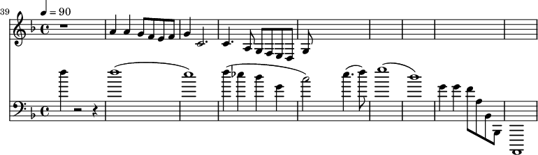 {
<<
\relative c '' {
\new Staff {
\set Staff.midiMinimumVolume = #0.1
\set Staff.midiMaximumVolume = #0.3
\set Score.currentBarNumber = #39 \bar "" \tempo 4=90 \key f \major
r1 a4 a g8 f e f g4 c,2. c4. a8 g f e d g
}
}
\relative c '' {
\new Staff \with {midiInstrument = #"acoustic bass"}
{
\set Staff.midiMinimumVolume = #0.7
\set Staff.midiMaximumVolume = #0.9
\clef bass \key f \major
f4 r2 r4 f1( e1) f4( ees d g, c2) e4.( f8) g1( d1) g,4 g f8 a, bes, bes, a,1
}
}
>>
}
\midi{}