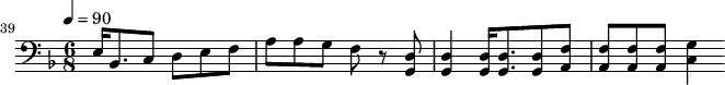 {\clef bass \tempo 4=90\key f \major \time 6/8
\set Score.currentBarNumber = #39 \bar ""
e16 bes,8. c8 d e f a a g f r8 <d g,> <d g,>4 <d g,>16 <d g,>8. <d g,>8 <f a,>8 <f a,>8 <f a,>8 <f a,>8 <g c>4 \break}\midi{}