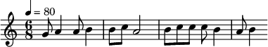 {\clef treble \tempo 4 = 80 \key c \major \time 6/8 \fixed c'
{g8 a4 a8 b4 b8 c' a2 b8 c' c' c' b4 a8 b4 }
 }\midi{}
