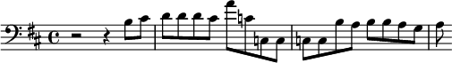 {\clef bass \key d \major r2 r4 b8 cis' d' d' d' cis' a' c' c c c c b a b b a g a}