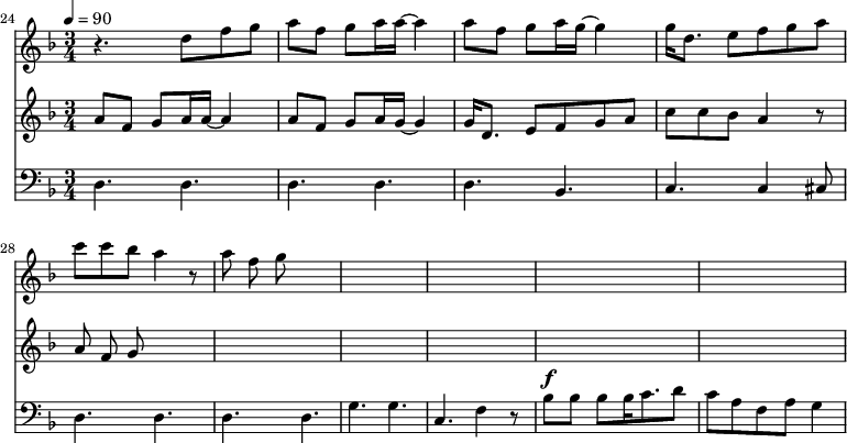 
{
  <<
    \relative c '' {
      \new Staff {
        \set Staff.midiMinimumVolume = #1.1
        \set Staff.midiMaximumVolume = #1.3
        \set Score.currentBarNumber = #24 \bar "" \tempo 4=90  \key f \major \time 3/4
        r4. d8 f8 g8 a8 f g a16 a~ a4 a8 f g a16 g~ g4 g16 d8. e8 f g a c c bes a4 r8 a f g
      }

    }
    \relative c '' {
      \new Staff {
        \set Staff.midiMinimumVolume = #1.1
        \set Staff.midiMaximumVolume = #1.3
        \set Score.currentBarNumber = #24 \bar "" \tempo 4=90  \key f \major \time 3/4
        a8 f g a16 a~ a4 a8 f g a16 g~ g4 g16 d8. e8 f g a c c bes a4 r8 a f g
      }
    }
    \new Staff  \with {midiInstrument = #"acoustic bass"} 
    {
      \set Staff.midiMinimumVolume = #2.7
      \set Staff.midiMaximumVolume = #3.9
      \set Score.currentBarNumber = #24 \bar ""
      \clef bass \key f \major \time 3/4
      d4. d d d d bes, c c4 cis8 d4. d d d g g c f4 r8 bes8^\f bes bes bes16 c'8. d'8 c' a f a g4
    }
  >>
}
\midi{}