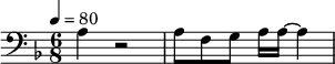 {\clef bass \tempo 4=80\key f \major \time 6/8
a r2 a8 f g a16 a~ a4
}\midi{}