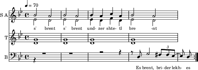 
<< 
  
  \new Staff     
    \with {instrumentName = "S A"
           shortInstrumentName = "S A"}
    <<
    \set Staff.midiMinimumVolume = #0.3
    \set Staff.midiMaximumVolume = #0.7
    \set Score.currentBarNumber = #1 \bar "" \tempo 4=70 \time 4/4 \key bes \major

    \new Voice = "s1" \relative c '' {  
      \voiceOne
        bes2 a bes a bes4 a c a bes2 a
    }
    \new Voice = "s2" \relative c '{  
      \voiceTwo
         ees2 d ees d ees4 d f d ees2 d  
    }
    >>
 
    \new Lyrics \lyricsto "s1" {\set fontSize = #-2
      s' brent s' brent und- zer shte- tl bre -nt de
    }

  %{
  \new Staff  
  \with {instrumentName = "A"
          shortInstrumentName = "A"}
  <<
  \set Staff.midiMinimumVolume = #0.3
  \set Staff.midiMaximumVolume = #0.5      
  \set Score.currentBarNumber = #1 \bar "" \tempo 4=70 \time 4/4 \key bes \major
  \new Voice = "a1" \fixed c ' {
    \voiceOne
      g1 g  g g 
  }
  \new Voice = "a2" \fixed c ' {
    \voiceTwo
      d1 d d d
  }    
  >>
  \new Lyrics \lyricsto "a1" {\set fontSize = #-2
  
  }
  \repeat volta 2
  %}

  \new Staff  
    \with {instrumentName = "T"
           shortInstrumentName = "T"}
    <<
    \set Staff.midiMinimumVolume = #0.3
    \set Staff.midiMaximumVolume = #0.5      
    \set Score.currentBarNumber = #1 \bar "" \tempo 4=70 \time 4/4 \key bes \major
    \new Voice = "t1" \fixed c ' {
      \voiceOne
       g1 g  g g 
    }
    \new Voice = "t2" \fixed c ' {
      \voiceTwo
       d1 d d d
    }    
    >>
    \new Lyrics \lyricsto "t1" {\set fontSize = #-2
    
    }
  \repeat volta 2

  \new Staff \with {midiInstrument = #"acoustic bass"
       instrumentName = "B"
       shortInstrumentName = "B"} <<
    \set Staff.midiMinimumVolume = #14.7
    \set Staff.midiMaximumVolume = #15.9
    \set Score.currentBarNumber = #1 \bar "" \tempo 4=70 \time 4/4 \key bes \major
    \clef bass 
    \new Voice = "b1" \relative c {
      \voiceOne 
      a4\rest r1 r r2 r4 r8 d g2 \tuplet 3/2 {fis8 fis ees~} ees d 
    }
    >>
    \new Lyrics \lyricsto "b1" {\set fontSize = #-2
    Es brent, bri- der lekh- es brent oy und- der or- em shtet- tl ne- bekh brent 
    }
    \new Lyrics \lyricsto "b1" {\set fontSize = #-2
            _ _ _ _ _ _ _                 es ken kho- li- le ku- men der mo- ment und- zer shtot mit undz tsu- za- maen zol 
}
>>
\midi{}