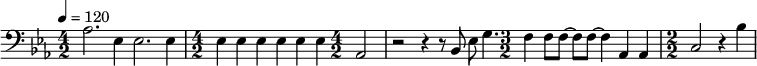 {\clef bass \tempo 4 = 120 \key ees \major \numericTimeSignature
\time 4/2 aes2. ees4 ees2. ees4 \time 4/2 ees4 ees ees ees ees ees \time 4/2 aes,2 r2 r4 r8 bes,8 ees8 g4.
\time 3/2 f4 f8 f~ f f~ f4 aes, aes, \time 2/2 c2 r4 bes
}\midi{}
