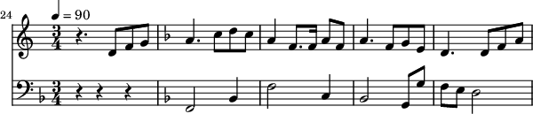 
{
  <<
    \relative c ' {
      \new Staff {
        \set Staff.midiMinimumVolume = #1.1
        \set Staff.midiMaximumVolume = #1.3
        \set Score.currentBarNumber = #24 \bar "" \tempo 4=90  \key c \major \time 3/4
        r4. d8 f8 g8 \key f \major a4. c8 d c a4 f8. f16 a8 f8 a4. f8 g e d4. d8 f a
      }

    }
    \new Staff  \with {midiInstrument = #"acoustic bass"} 
    {
      \set Staff.midiMinimumVolume = #2.7
      \set Staff.midiMaximumVolume = #3.9
      \set Score.currentBarNumber = #24 \bar ""
      \clef bass \key f \major \time 3/4
      r4 r4 r4 \key f \major f,2 bes,4 f2 c4 bes,2 g,8 g f e d2
    }
  >>
}
\midi{}