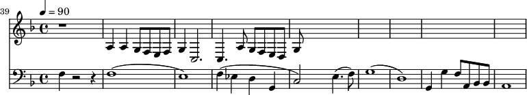 
{
  <<
    {
      \new Staff {
        \set Staff.midiMinimumVolume = #0.1
        \set Staff.midiMaximumVolume = #0.3
        \set Score.currentBarNumber = #39 \bar "" \tempo 4=90  \key f \major
        r1 a4 a g8 f e f g4  c2. c4. a8 g f e d g
      }
    }
    {
      \new Staff  \with {midiInstrument = #"acoustic bass"} 
      {
        \set Staff.midiMinimumVolume = #0.7
        \set Staff.midiMaximumVolume = #0.9
        \clef bass \key f \major 
        f4 r2 r4 f1( e1) f4( ees d g, c2) e4.( f8) g1( d1) g,4 g f8 a, bes, bes, a,1
      }
    }
  >>
}
\midi{}