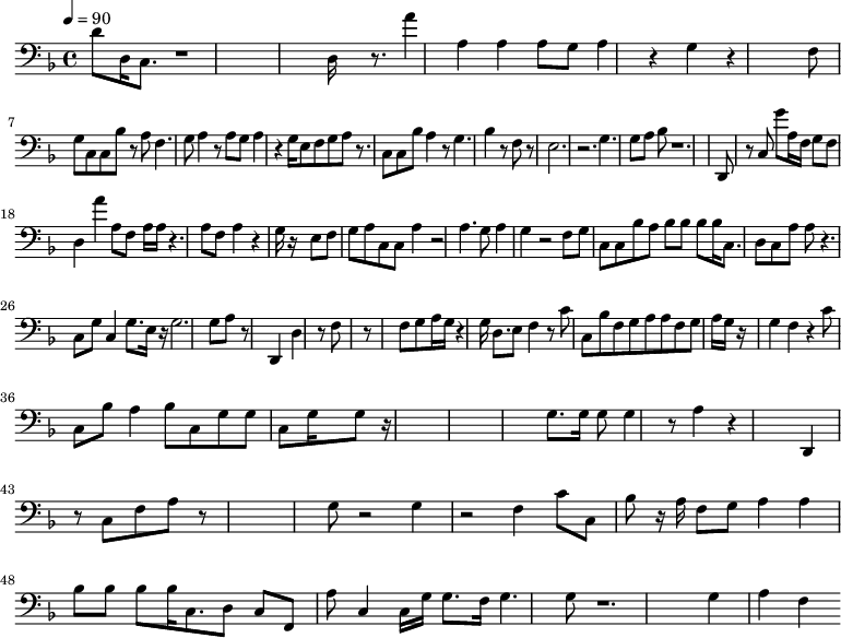 {\clef bass \tempo 4=90\key f \major
   d'8 d16 c8. r1*2 d16*5 r8. 
  | % 18
  a'4 a a 
  | % 19
  a8 g a4 r4 
  | % 20
  g r4*5 f8 g c c bes r8 
  | % 23
  a f4. g8 a4 r8 a g a4 
  | % 25
  r4 g16 e8 f g a r8. c8 c bes a4 r8 g4. bes4 r8 f r8*5 e2. r2. g4. 
  g8 
  | % 32
  a bes r1. d,8*9 r8 
  | % 36
  c g' a16 f g8 f d4 a' a8 f a16 a 
  | % 38
  r4. a8 f a4 r4 g16 r16*11 e8 f g 
  | % 41
  a c c a4 r2 a4. 
  | % 43
  g8 a4 g r2 f8 g c 
  | % 45
  c bes a bes bes bes 
  | % 46
  bes16 c8. d8 c a a 
  | % 47
  r4. c8 g c4 g8. e16 r16 g2. g8 a r8*7 d,4 d r8 f8*7 r8*11 f8 
  g a16 g r4 g16 d8. e8 f4 r8 c' c bes f g a a f g a16 g r16*15 g4 
  | % 60
  f r4 c'8 c 
  | % 61
  bes a4 bes8 c g 
  | % 62
  g c g16*11 g8 r16*41 g8. g16 g8 g4 r8 a4 r4*5 d,4 r8 c f a 
  r8*13 g8 r2 g4 r2 f4 c'8 c bes r16 a f8 
  | % 76
  g a4 a bes8 
  | % 77
  bes bes bes16 c8. d8 c 
  | % 78
  f, a c4 c16 g g8. f16 g4. g8 r1. g4 a f 
}\midi{}