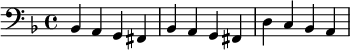 {\clef bass \key f \major bes, a, g, fis, bes, a, g, fis, d c bes, a,}