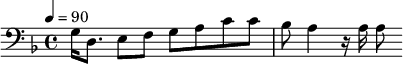 {\clef bass \tempo 4=90\key f \major
g16 d8. e8 f g a c' c' bes a4 r16 a a8
}\midi{}
