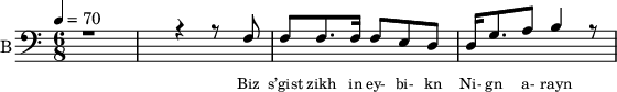 <<
%{
\new Staff
\with {instrumentName = "S A"
shortInstrumentName = "S A"}
<<
\set Staff.midiMinimumVolume = #0.3
\set Staff.midiMaximumVolume = #0.7
\set Score.currentBarNumber = #1 \bar "" \tempo 4=70 \time 4/4 \key bes \major
\new Voice = "s1" \relative c '' {
\voiceOne
bes2 a bes a bes4 a c a bes2 a
}
\new Voice = "s2" \relative c '{
\voiceTwo
ees2 d ees d ees4 d f d ees2 d
}
>>
\new Lyrics \lyricsto "s1" {\set fontSize = #-2
s' brent s' brent und- zer shte- tl bre -nt de
}
%}
%{
\new Staff
\with {instrumentName = "A"
shortInstrumentName = "A"}
<<
\set Staff.midiMinimumVolume = #0.3
\set Staff.midiMaximumVolume = #0.5
\set Score.currentBarNumber = #1 \bar "" \tempo 4=70 \time 4/4 \key bes \major
\new Voice = "a1" \fixed c ' {
\voiceOne
g1 g g g
}
\new Voice = "a2" \fixed c ' {
\voiceTwo
d1 d d d
}
>>
\new Lyrics \lyricsto "a1" {\set fontSize = #-2
}
\repeat volta 2
%}
%{
\new Staff
\with {instrumentName = "T"
shortInstrumentName = "T"}
<<
\set Staff.midiMinimumVolume = #0.3
\set Staff.midiMaximumVolume = #0.5
\set Score.currentBarNumber = #1 \bar "" \tempo 4=70 \time 4/4 \key bes \major
\new Voice = "t1" \fixed c ' {
\voiceOne
g1 g g g
}
\new Voice = "t2" \fixed c ' {
\voiceTwo
d1 d d d
}
>>
\new Lyrics \lyricsto "t1" {\set fontSize = #-2
}
\repeat volta 2
%}
\new Staff \with {midiInstrument = #"acoustic bass"
instrumentName = "B"
shortInstrumentName = "B"} <<
\set Staff.midiMinimumVolume = #14.7
\set Staff.midiMaximumVolume = #15.9
\set Score.currentBarNumber = #1 \bar "" \tempo 4=70 \time 6/8 \key c \major
\clef bass
\new Voice = "b1" \relative c {
\voiceOne
r1 r4 r8 f8 f8 f8. f16 f8 e d d16 g8. a8 b4 r8
}
{
\new Voice = "b2" \relative c {
\voiceOne
\stemDown
}
}
>>
\new Lyrics \lyricsto "b1" {\set fontSize = #-2
Biz s’gist zikh in ey- bi- kn
Ni- gn a- rayn
}
\new Lyrics \lyricsto "b1" {\set fontSize = #-2
}
>>
\midi{}
