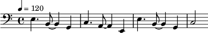 {\clef bass \tempo 4=120 e4. b,8 ~ b,4 g, c4. a,8 ~ a,4 e, e4. b,8 ~ b,4 g, c2}\midi{}