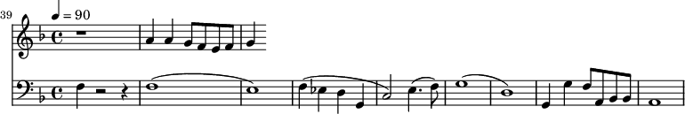 {
<<
\relative c '' {
\new Staff {
\set Staff.midiMinimumVolume = #0.1
\set Staff.midiMaximumVolume = #0.3
\set Score.currentBarNumber = #39 \bar "" \tempo 4=90 \key f \major
r1 a4 a g8 f e f g4
}
}
\new Staff \with {midiInstrument = #"acoustic bass"}
{
\set Staff.midiMinimumVolume = #0.7
\set Staff.midiMaximumVolume = #0.9
\clef bass \key f \major
f4 r2 r4 f1( e1) f4( ees d g, c2) e4.( f8) g1( d1) g,4 g f8 a, bes, bes, a,1
}
>>
}
\midi{}