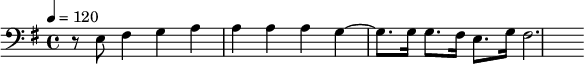 {\clef bass \key g \major \tempo 4 = 120 \partial 1 r8 e8 fis4 g a a a a g ~ g8. g16 g8. fis16 e8. g 16 fis2.}\midi{}