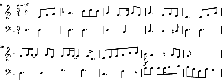 
{
  <<
    \relative c ' {
      \new Staff {
        \set Staff.midiMinimumVolume = #1.1
        \set Staff.midiMaximumVolume = #1.3
        \set Score.currentBarNumber = #24 \bar "" \tempo 4=90  \key c \major \time 3/4
        r4. d8 f8 g8 \key f \major a4. c8 d c a4 f8. f16 a8 f8 a4. f8 g e d4. d8 f a g a16 a~ a4 a8 f g a16 g~ g4 g16 d8. e8 f g a c c bes a4 r8 a f g
      }

    }
    \new Staff  \with {midiInstrument = #"acoustic bass"} 
    {
      \set Staff.midiMinimumVolume = #2.7
      \set Staff.midiMaximumVolume = #3.9
      \set Score.currentBarNumber = #24 \bar ""
      \clef bass \key f \major \time 3/4
      d4. d d d d bes, c c4 cis8 d4. d d d g g c f4 r8 bes8^\f bes bes bes16 c'8. d'8 c' a f a g4
    }
  >>
}
\midi{}