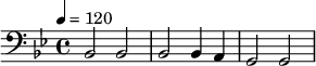 {\clef bass \tempo 4 = 120 \key bes \major bes,2 bes, bes, bes,4 a, g,2 g, }\midi{}