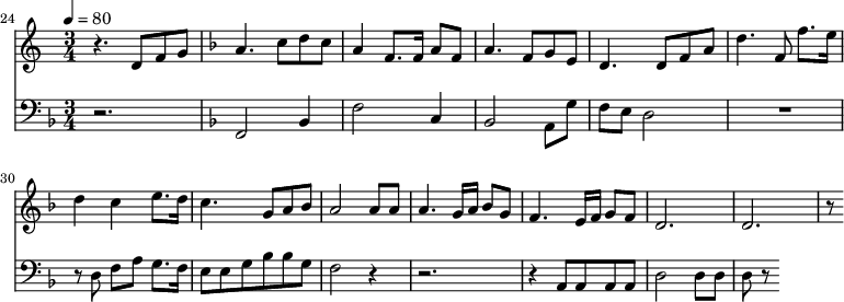 {
<<
\relative c ' {
\new Staff {
\set Staff.midiMinimumVolume = #0.3
\set Staff.midiMaximumVolume = #0.7
\set Score.currentBarNumber = #24 \bar "" \tempo 4=80 \key c \major \time 3/4
r4. d8 f8 g8 \key f \major a4. c8 d c a4 f8. f16 a8 f8 a4. f8 g e d4. d8 f a d4. f,8 f'8. e16 d4 c4 e8. d16 c4. g8 a bes a2 a8 a a4. g16 a bes8g f4. e16 f g8 f d2. d r8
}
}
\new Staff \with {midiInstrument = #"acoustic bass"}
{
\set Staff.midiMinimumVolume = #4.7
\set Staff.midiMaximumVolume = #5.9
\set Score.currentBarNumber = #24 \bar ""
\clef bass \key f \major \time 3/4
r2. \key f \major f,2 bes,4 f2 c4 bes,2 a,8 g f e d2 R2. r8 d8 f a g8. f16 e8 e g bes bes g f2 r4 r2. r4 a,8 a, a, a, d2 d8 d d r8
}
>>
}
\midi{}