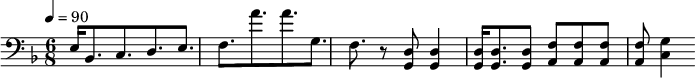 {\clef bass \tempo 4=90\key f \major \time 6/8
e16 bes,8. c d e f a' a' g f r8 <d g,> <d g,>4 <d g,>16 <d g,>8. <d g,>8 <f a,>8 <f a,>8 <f a,>8 <f a,>8 <g c>4 \break}\midi{}