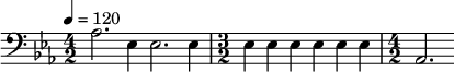 {\clef bass \tempo 4 = 120 \key ees \major
\time 4/2 aes2. ees4 ees2. ees4\time 3/2 ees4 ees ees ees ees ees \time 4/2 aes,2.
}\midi{}