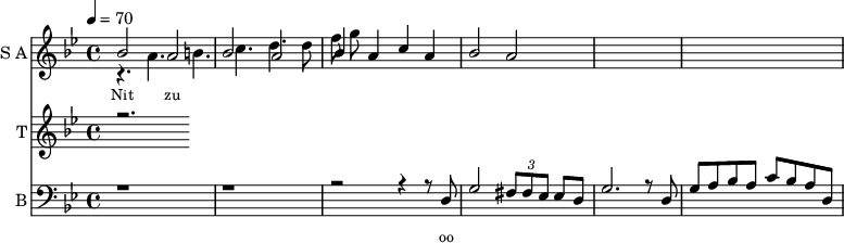 <<
\new Staff
\with {instrumentName = "S A"
shortInstrumentName = "S A"}
<<
\set Staff.midiMinimumVolume = #0.3
\set Staff.midiMaximumVolume = #0.7
\set Score.currentBarNumber = #1 \bar "" \tempo 4=70 \time 4/4 \key bes \major
\new Voice = "one" \relative c '' {
\voiceOne
bes2 a bes a bes4 a c a bes2 a
}
\new Voice = "two" \relative c ''{
\voiceTwo
r4. a b c d d8 f8 g8
}
>>
\new Lyrics \lyricsto "one" {\set fontSize = #-2
Nit zu
}
\new Staff
\with {instrumentName = "T"
shortInstrumentName = "T"}
<<
\set Staff.midiMinimumVolume = #0.3
\set Staff.midiMaximumVolume = #0.5
\set Score.currentBarNumber = #1 \bar "" \tempo 4=70 \time 4/4 \key bes \major
\new Voice = "three" \fixed c '' {
\voiceOne
r2.
}
>>
\new Lyrics \lyricsto "three" {\set fontSize = #-2
}
\new Staff \with {midiInstrument = #"acoustic bass"
instrumentName = "B"
shortInstrumentName = "B"} <<
\set Staff.midiMinimumVolume = #4.7
\set Staff.midiMaximumVolume = #5.9
\set Score.currentBarNumber = #1 \bar "" \tempo 4=70 \time 4/4 \key bes \major
\clef bass
\new Voice = "four"{
\voiceOne
r1 r r2 r4 r8 d g2 \tuplet 3/2 {fis8 fis ees} ees d g2. r8 d g a bes a c' bes a d
}
>>
\new Lyrics \lyricsto "four" {\set fontSize = #-2
oo
}
>>
\midi{}