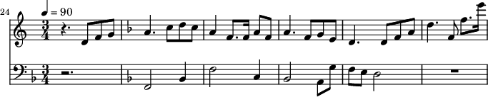 
{
  <<
    \relative c ' {
      \new Staff {
        \set Staff.midiMinimumVolume = #0.3
        \set Staff.midiMaximumVolume = #0.7
        \set Score.currentBarNumber = #24 \bar "" \tempo 4=90  \key c \major \time 3/4
        r4. d8 f8 g8 \key f \major a4. c8 d c a4 f8. f16 a8 f8 a4. f8 g e d4. d8 f a d4. f,8 f'8. e'16
      }

    }
    \new Staff  \with {midiInstrument = #"acoustic bass"} 
    {
      \set Staff.midiMinimumVolume = #4.7
      \set Staff.midiMaximumVolume = #5.9
      \set Score.currentBarNumber = #24 \bar ""
      \clef bass \key f \major \time 3/4
      r2. \key f \major f,2 bes,4 f2 c4 bes,2 a,8 g f e d2 R2. 
    }
  >>
}
\midi{}